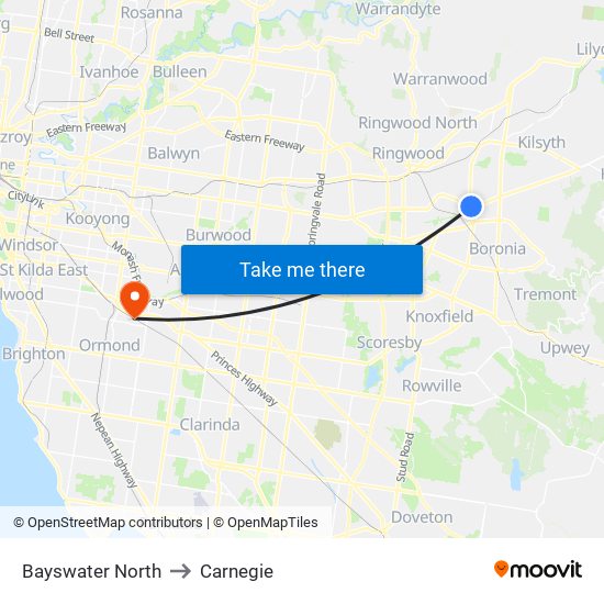 Bayswater North to Carnegie map