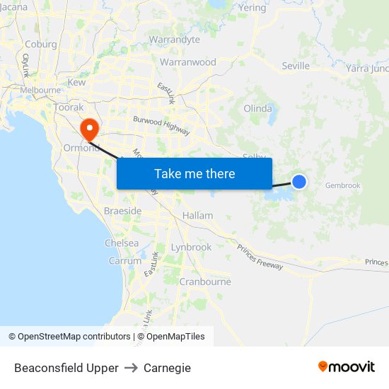 Beaconsfield Upper to Carnegie map