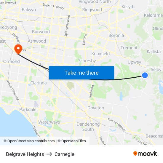 Belgrave Heights to Carnegie map