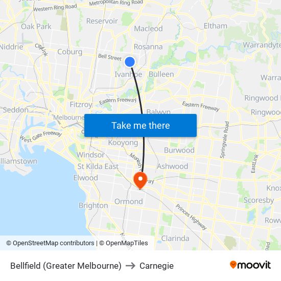 Bellfield (Greater Melbourne) to Carnegie map