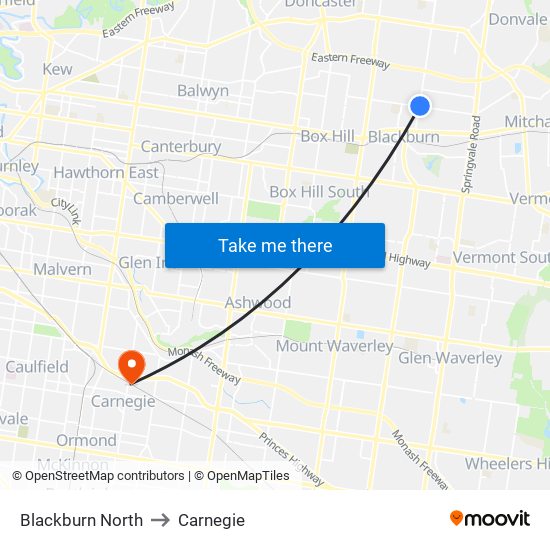 Blackburn North to Carnegie map