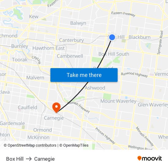 Box Hill to Carnegie map