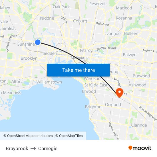 Braybrook to Carnegie map