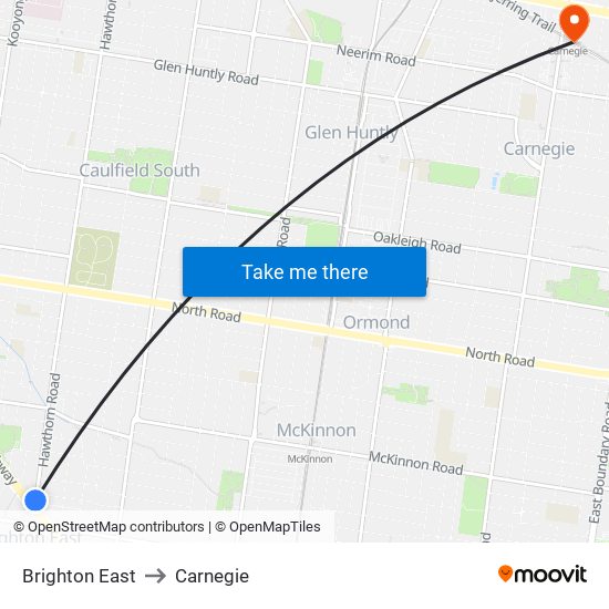 Brighton East to Carnegie map