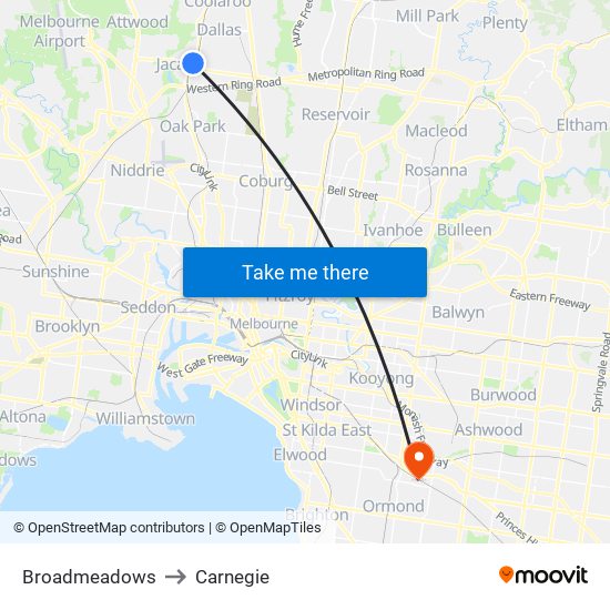 Broadmeadows to Carnegie map