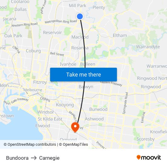 Bundoora to Carnegie map