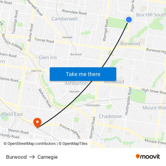 Burwood to Carnegie map