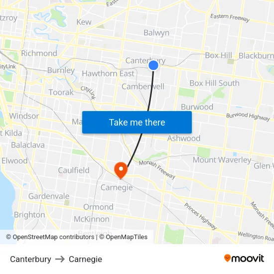 Canterbury to Carnegie map