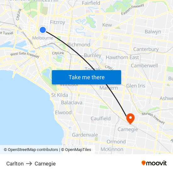 Carlton to Carnegie map