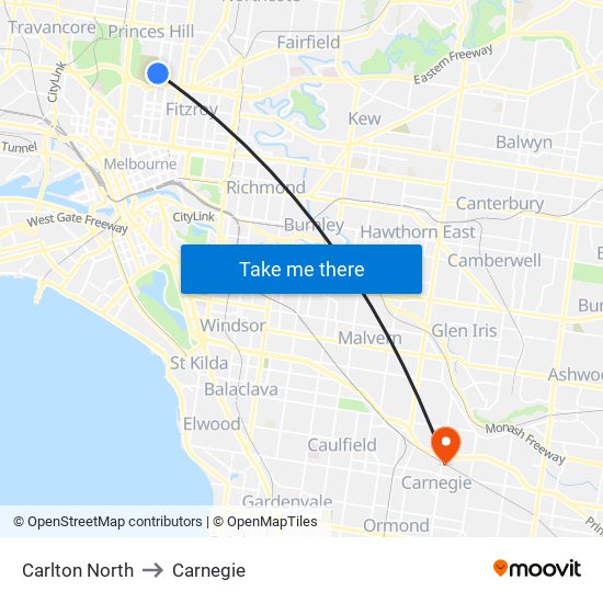 Carlton North to Carnegie map