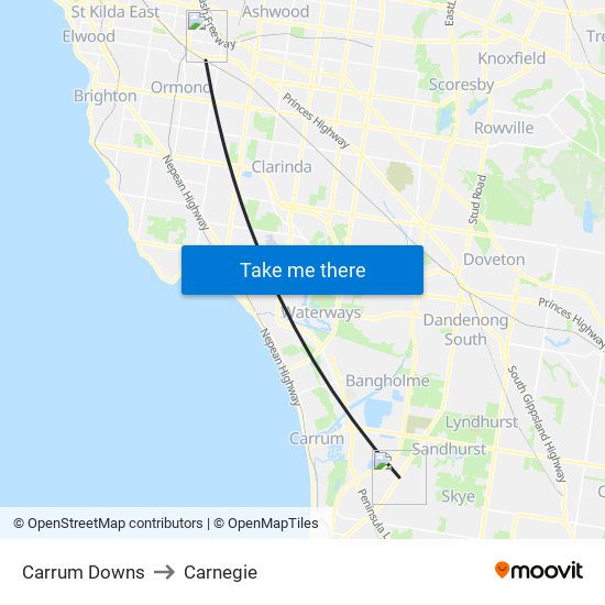 Carrum Downs to Carnegie map