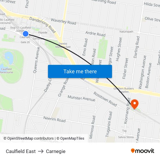 Caulfield East to Carnegie map