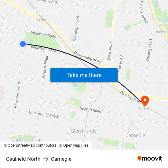 Caulfield North to Carnegie map