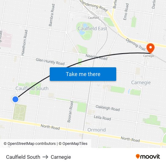 Caulfield South to Carnegie map