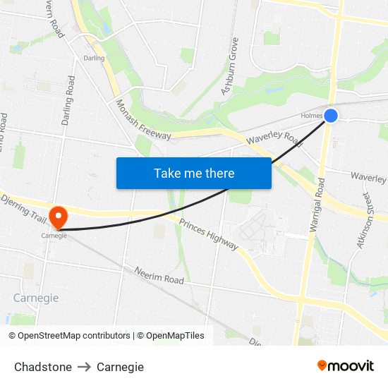 Chadstone to Carnegie map