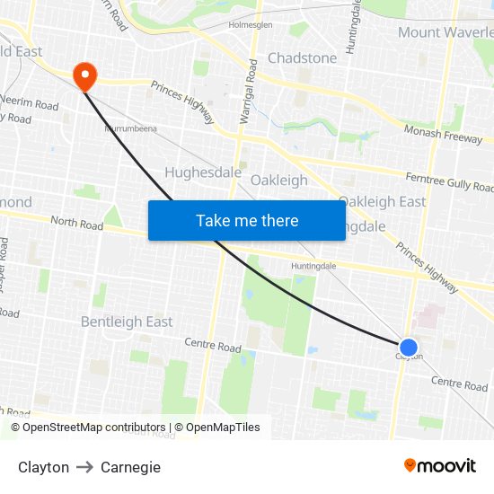 Clayton to Carnegie map