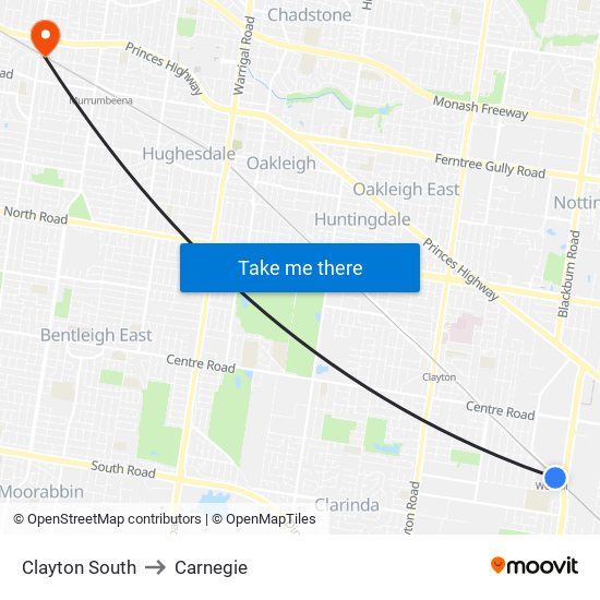 Clayton South to Carnegie map