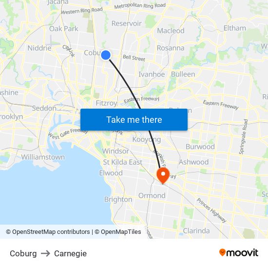 Coburg to Carnegie map