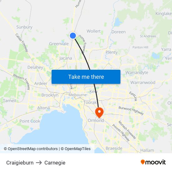 Craigieburn to Carnegie map