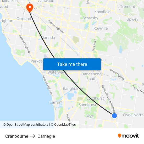 Cranbourne to Carnegie map