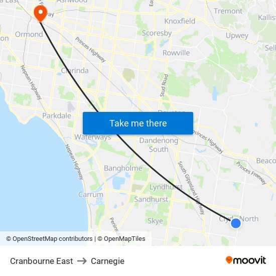 Cranbourne East to Carnegie map