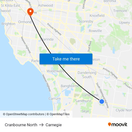 Cranbourne North to Carnegie map