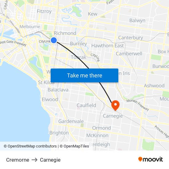 Cremorne to Carnegie map