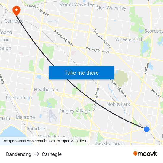 Dandenong to Carnegie map