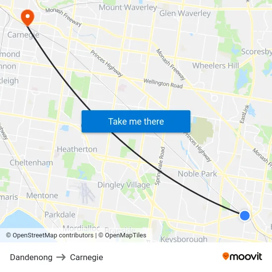 Dandenong to Carnegie map