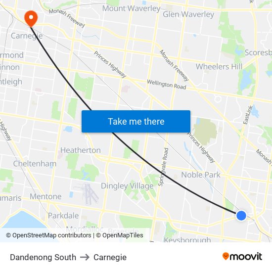 Dandenong South to Carnegie map