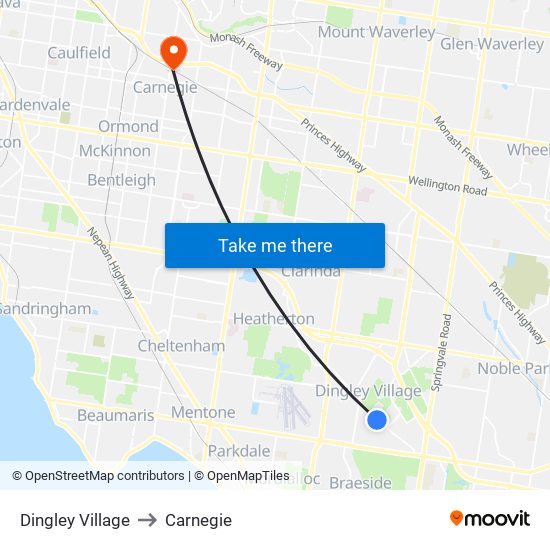 Dingley Village to Carnegie map