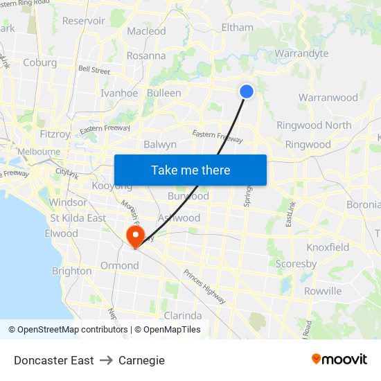 Doncaster East to Carnegie map