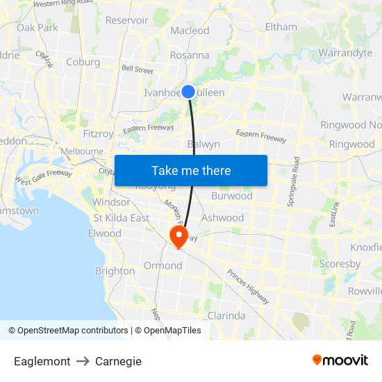 Eaglemont to Carnegie map