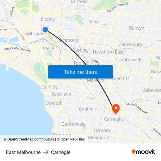 East Melbourne to Carnegie map