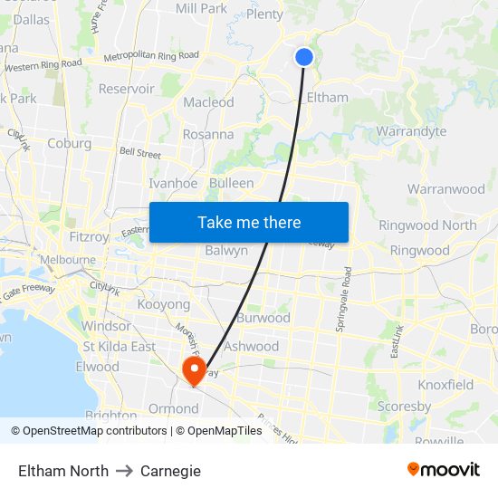 Eltham North to Carnegie map