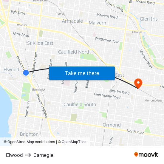 Elwood to Carnegie map