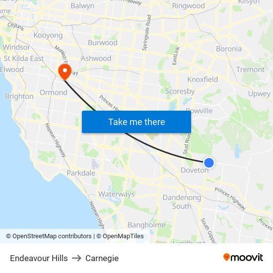 Endeavour Hills to Carnegie map