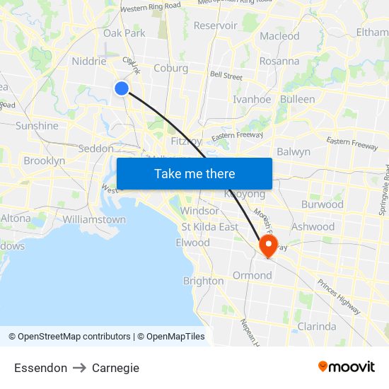 Essendon to Carnegie map