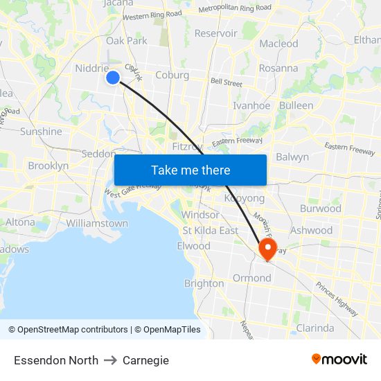 Essendon North to Carnegie map