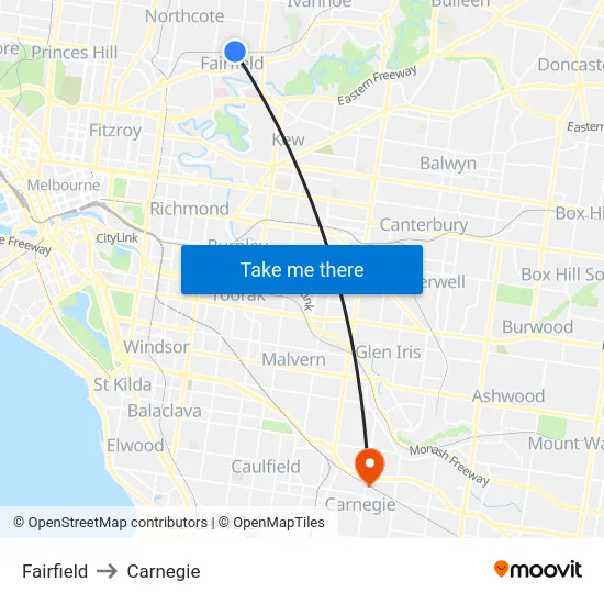 Fairfield to Carnegie map