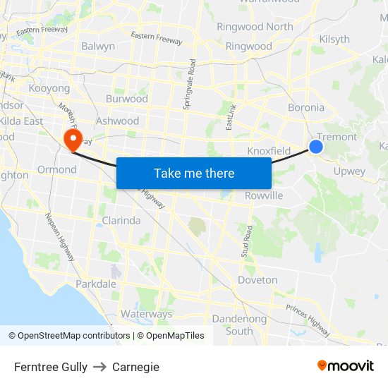 Ferntree Gully to Carnegie map