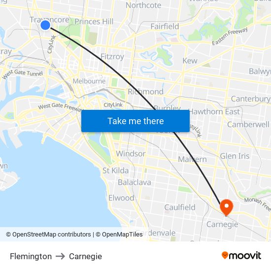 Flemington to Carnegie map