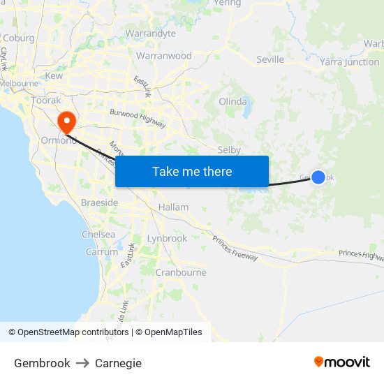 Gembrook to Carnegie map