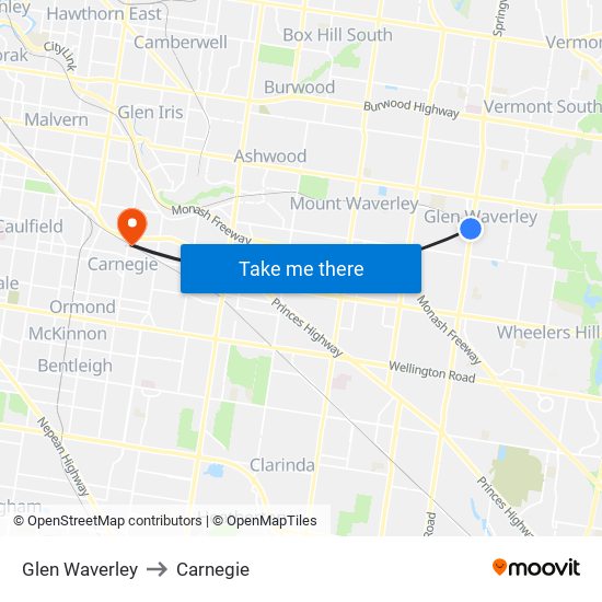 Glen Waverley to Carnegie map