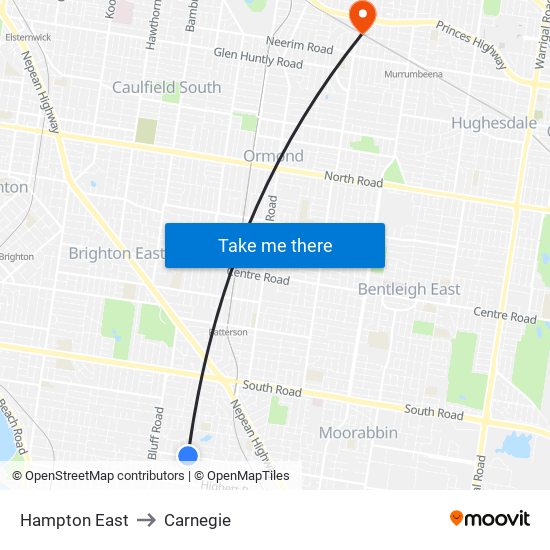 Hampton East to Carnegie map