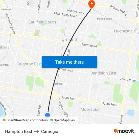 Hampton East to Carnegie map