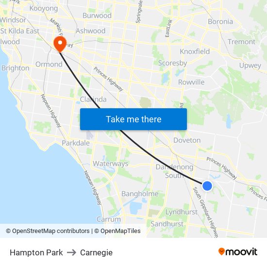 Hampton Park to Carnegie map