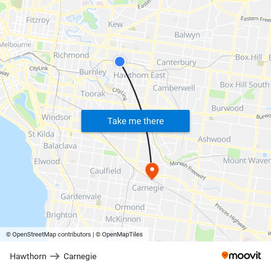 Hawthorn to Carnegie map