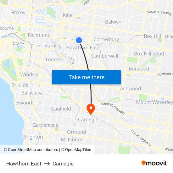 Hawthorn East to Carnegie map