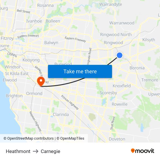 Heathmont to Carnegie map